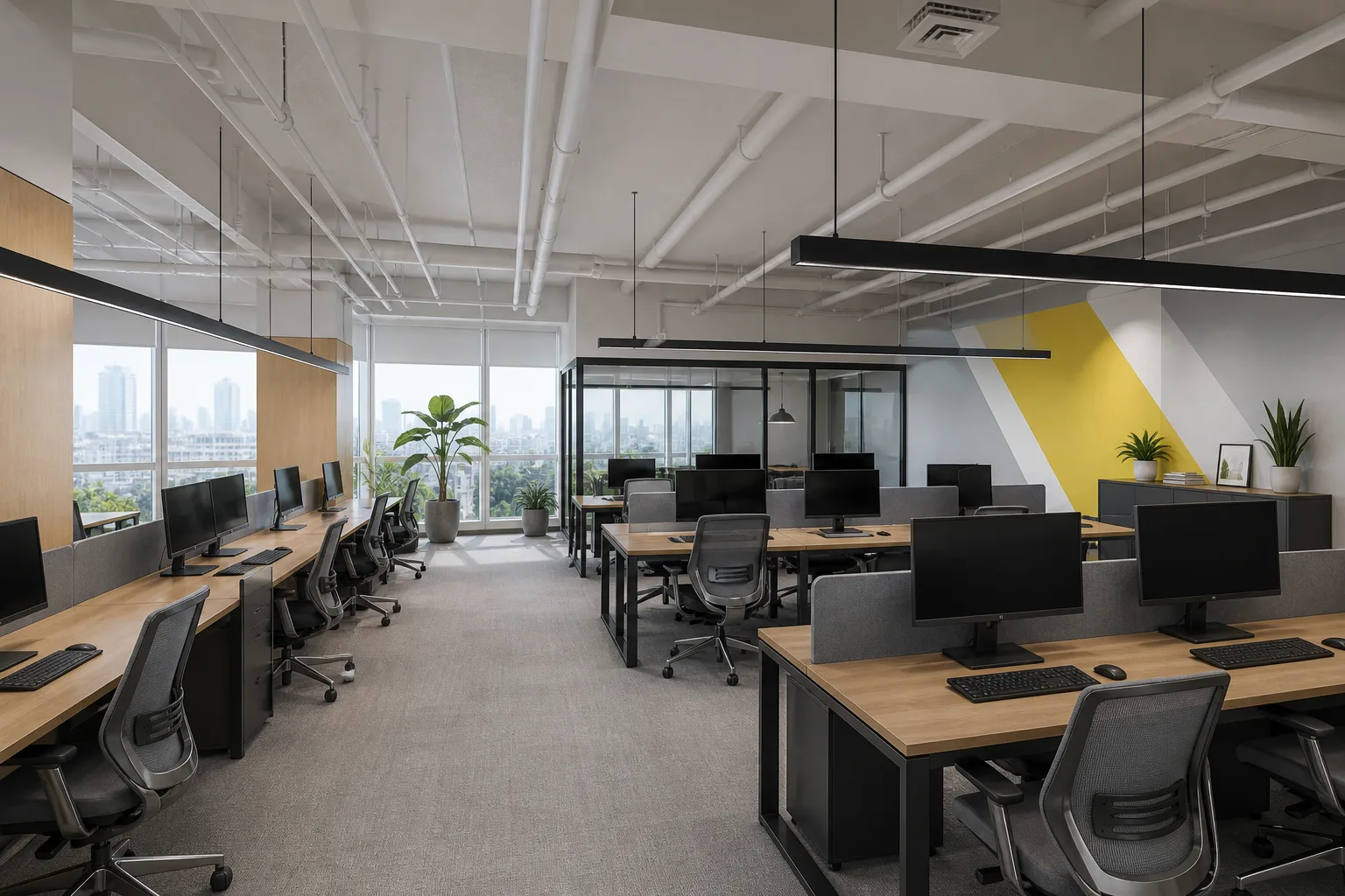 宁波研发园办公室355㎡办公空间设计开放工位B完工实景，森然空间设计商业空间实拍