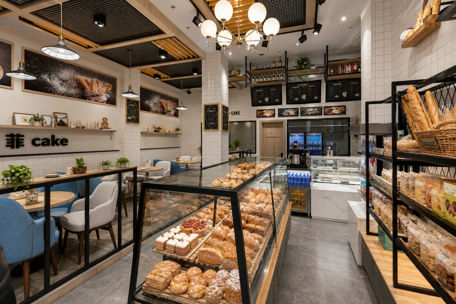宁波面包店200㎡烘焙店设计客区展示完工实景，森然空间设计商业空间实拍