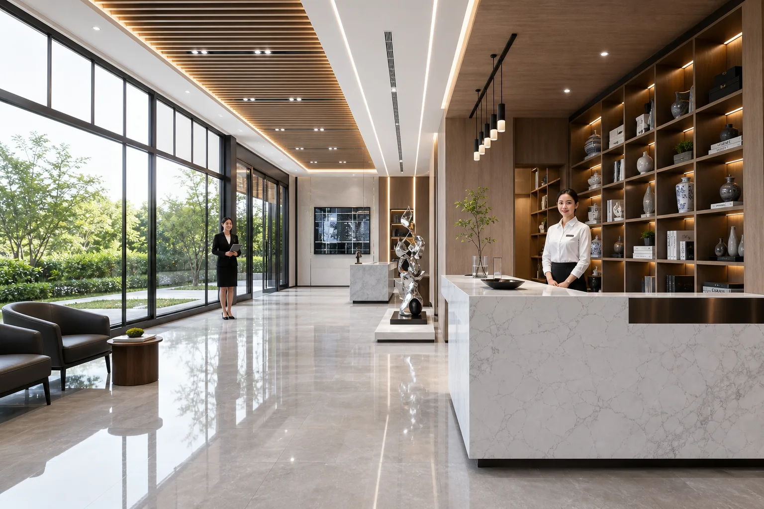 宁波义乌售楼展厅430㎡售楼展厅设计前台大堂完工实景，森然空间设计商业空间实拍