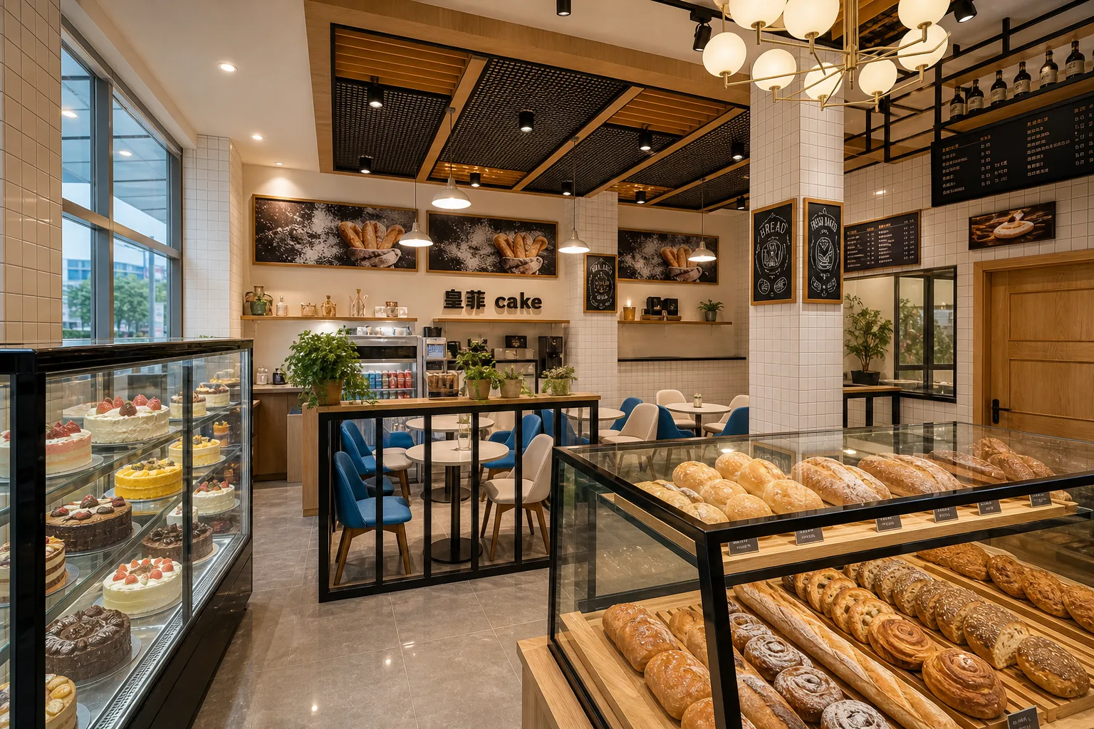宁波面包店200㎡烘焙店设计双展柜区完工实景,森然空间设计商业空间实拍