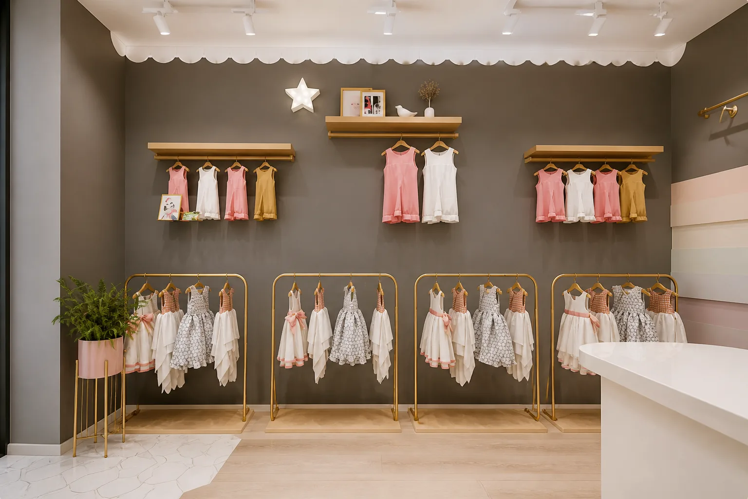 宁波江北万达外街童装店80㎡童装店设计服装陈列区完工实景,森然空间设计商业空间实拍