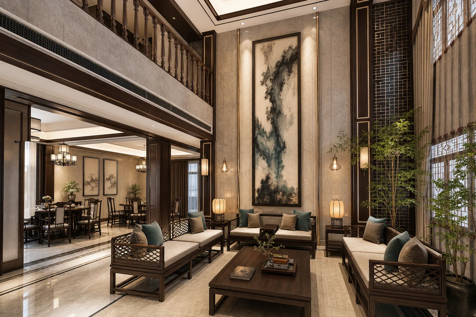 宁波奉化别墅295㎡新中式挑高罗汉床区完工实景，森然空间设计实拍